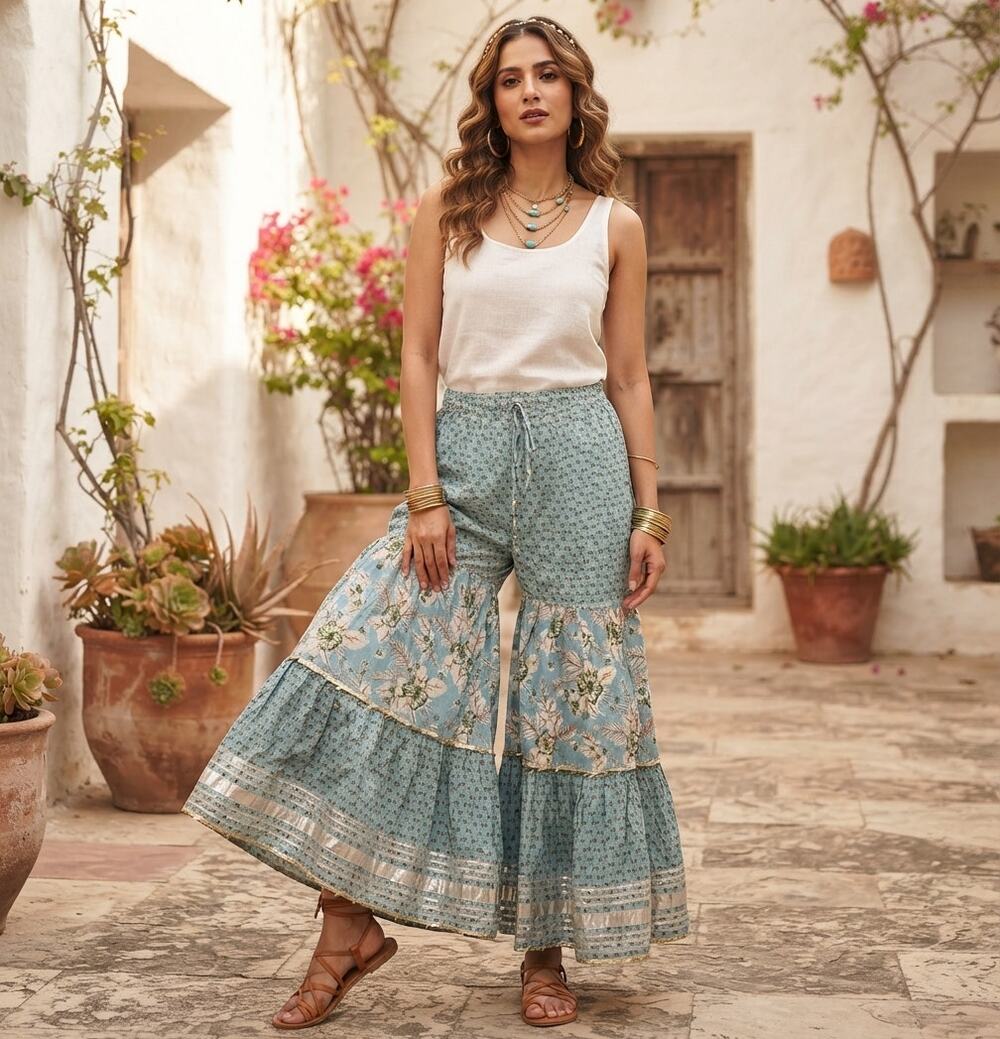 Boho Block Print Tiered Sharara Pants M 38 Blue Floral Gota Patti Palazzos
